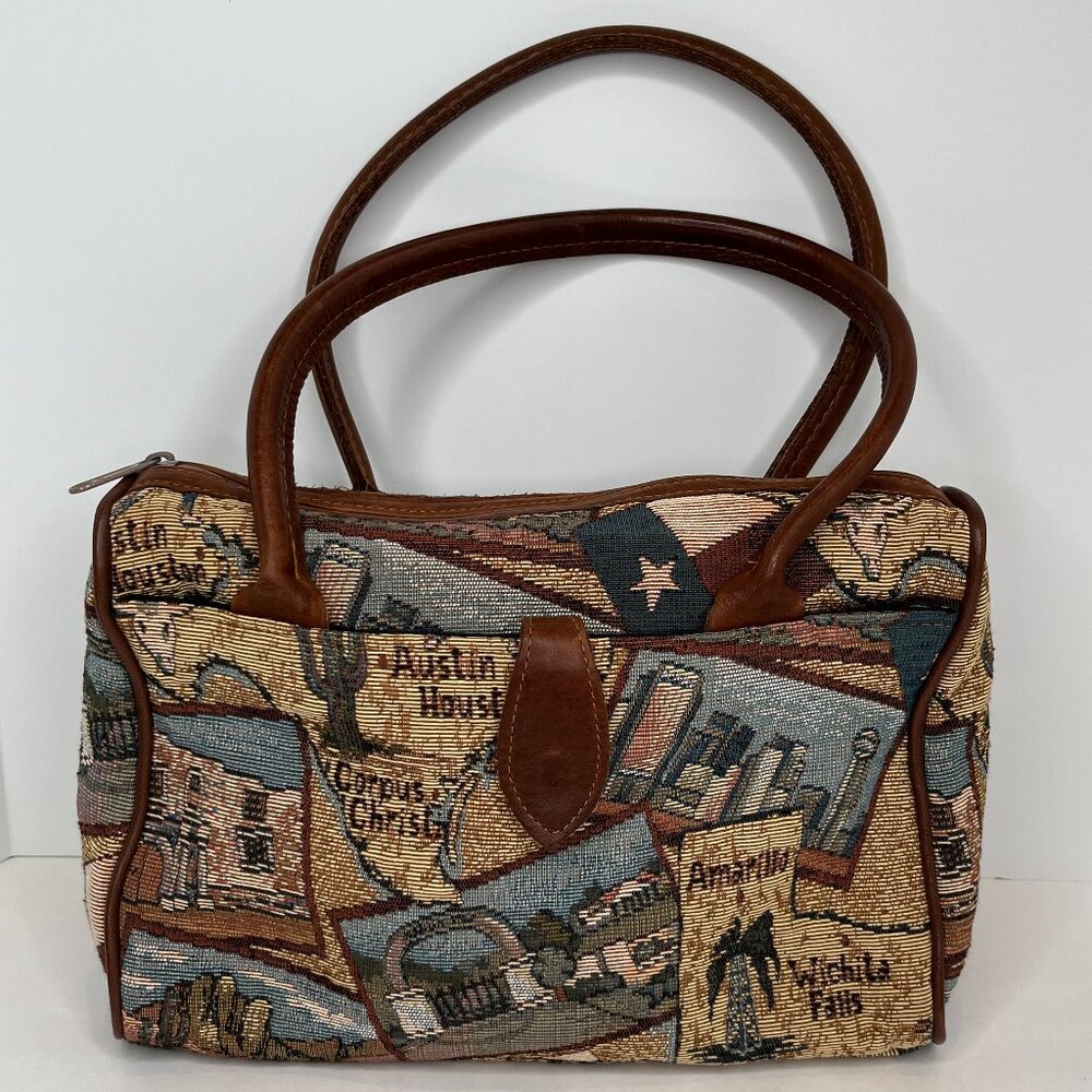 Handmade Texas Purse Handbag Satchel Tapestry Fabric Leather Handles/Trim
